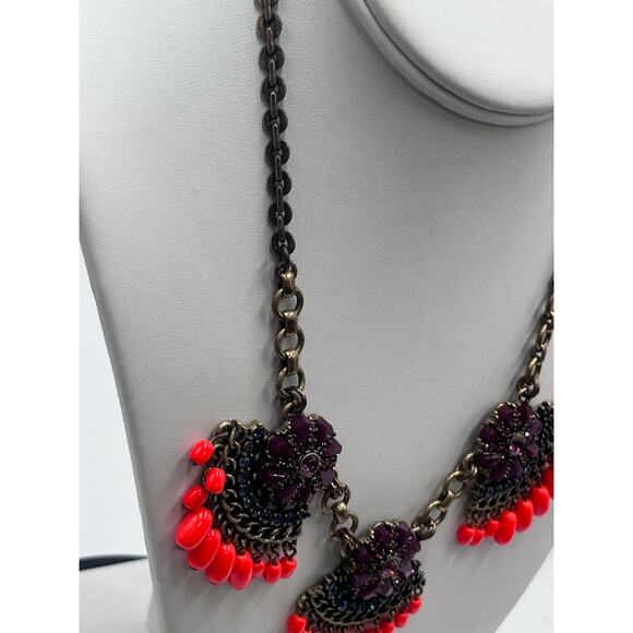 J. CREW Fan Fringe Flower Purple Orange Gold Tone Statement Bib Necklace - Picture 13 of 16